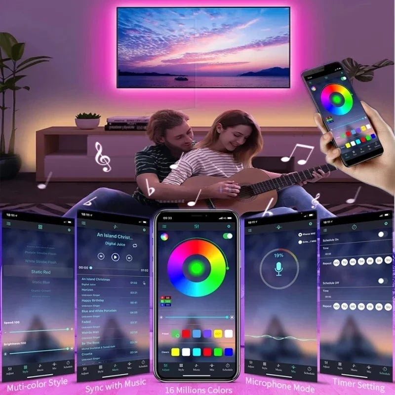 Luzes de Tira LED RGB USB – Controle Bluetooth e Aplicativo para Decoração